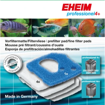 Mata filtracyjna i włókniny do professional 4+ / 4e+ Podkładki filtracyjne EHEIM professional 4+, z niebieską podkładką wstępną i białymi podkładkami filtracyjnymi, oznaczone 'Made in Germany.'