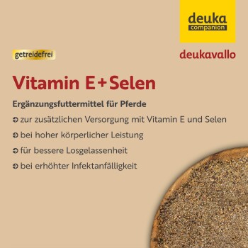 Vitamin E + Selen Ergänzung für Pferde, die Vorteile für Leistung, Entspannung und Infektionsresistenz hervorhebt.
