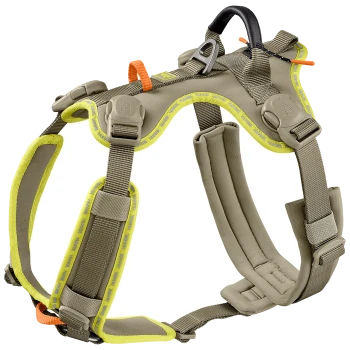 Olivgrünes, gepolstertes Hundegeschirr mit neon-gelber Paspel, schwarzem Griff, Metall-Leinenring, orangefarbenen Zuglaschen und HUNTER-Logo