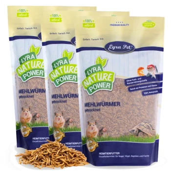Drei Beutel Lyra Nature Power getrocknete Mehlwürmer für Haustiere, mit einem Hamster und einer Schildkröte, gekennzeichnet mit "100% natürlich" und "hoher Proteingehalt."