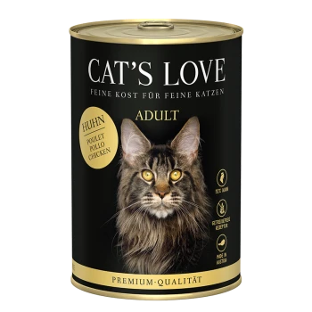 Puszka karmy dla dorosłych kotów Cat's Love z wizerunkiem kota rasy Maine Coon na etykiecie, z napisem wskazującym "Huhn" (kurczak) i "Premium-Qualität."