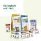 Yarrah Bio-Katzenfutterprodukte, einschließlich Trockenfutterbeuteln, Nassfutterdosen und Snacks, mit einem Text, der besagt: "Biologisch seit 1992."