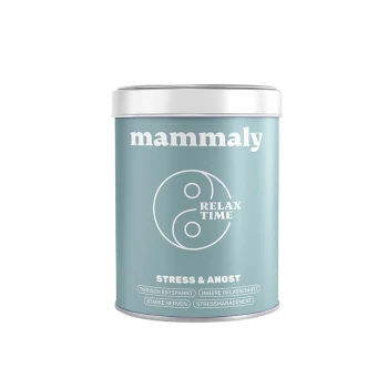 Türkisfarbene Dose mit Aufschrift 'mammaly' und Yin‑Yang-Logo, 'RELAX TIME, STRESS & ANGST' sowie kleinen deutschen Wirkungsangaben.