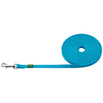 Eine leuchtend blaue Hundeleine, ordentlich aufgerollt, mit einem Metallclip an einem Ende und einem kleinen gelben Etikett mit "HUNTER" darauf.