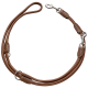 Braune Leder-Hundeleine mit silbernen Metallclips und Ringen, ausgestattet mit einem Schlaufenhandgriff für einen einfachen Griff.