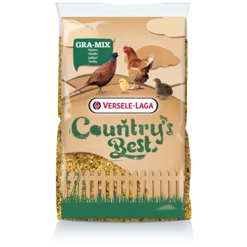 Un sac de mélange Gra-Mix de Versele-Laga Country's Best pour volailles, avec des illustrations d'un faisan, d'un poussin, d'une poule et d'une caille sur un fond beige.