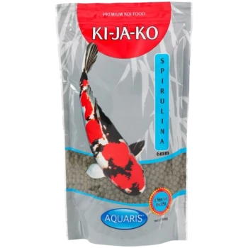 Verpackung für Premium-Koi-Futter mit einem bunten Koi-Fisch, beschriftet mit 'KI-JA-KO SPIRULINA 6mm', mit dem hervorgehobenen Text 'EINFACH ZU VERDAUEN!'