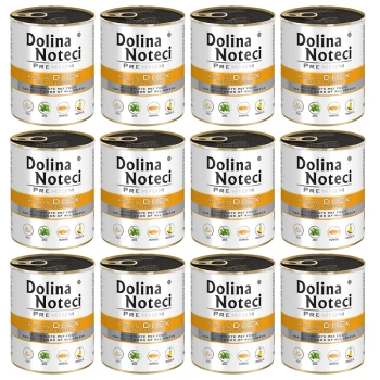 Premium Adult bogata w kaczkę z dynią puszka 12x800 g Dwanaście puszek karmy premium dla zwierząt Dolina Noteci, oznaczonych 'Bogate w kaczkę,' z białym i złotym wzorem oraz zielonymi ikonami warzyw.