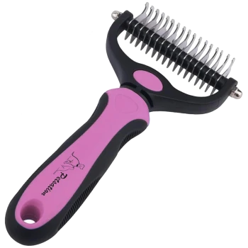 Ein Haustierpflegewerkzeug mit einem ergonomischen schwarzen und rosa Griff und einem Metallkammkopf mit scharfen Zähnen zum Entfernen von Haaren.