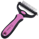 Ein Haustierpflegewerkzeug mit einem ergonomischen schwarzen und rosa Griff und einem Metallkammkopf mit scharfen Zähnen zum Entfernen von Haaren.