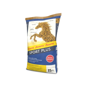 Tüte Josera Sport Plus Pferdefutter mit einer Silhouette eines Pferdes. Höhepunkte: '14 MJ' für verdauliche Energie und Ernährung.