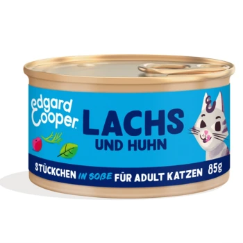 Edgard Cooper Katzenfutterdose mit Lachs und Huhn, auf Deutsch beschriftet mit "Lachs und Huhn", 85g, für erwachsene Katzen.