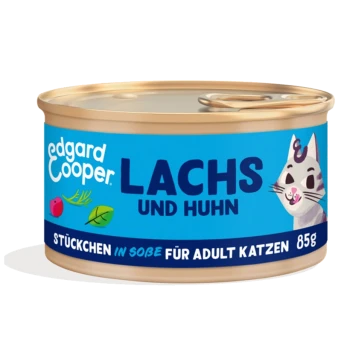 Edgard Cooper Katzenfutterdose mit Lachs und Huhn, auf Deutsch beschriftet mit "Lachs und Huhn", 85g, für erwachsene Katzen.