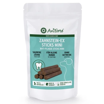 Verpackung für AniForte Anti-Plaque-Sticks Mini für kleine Hunde, mit einem Zahn-Icon, Text in Deutsch und einem getreidefreien Etikett.