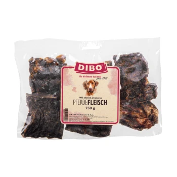 konina 250 g Przysmaki dla psów DIBO 100% suszone mięso końskie, opakowanie 250g, z kawałkami suszonego mięsa i etykietą w języku niemieckim.