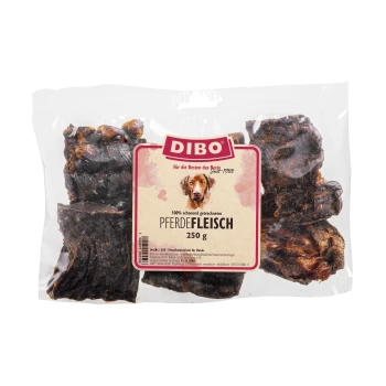 Przysmaki dla psów DIBO 100% suszone mięso końskie, opakowanie 250g, z kawałkami suszonego mięsa i etykietą w języku niemieckim.