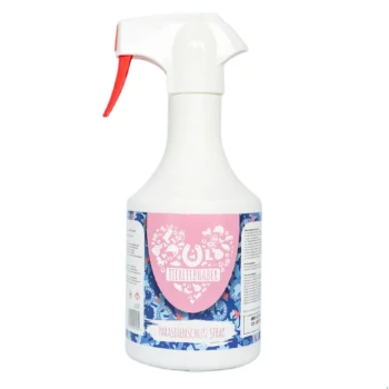 Eine Sprühflasche mit dem Etikett "ParasitenSchutz Spray" mit einem pinken Herzdesign und haustierbezogenen Symbolen, mit Sicherheits- und Anwendungshinweisen.