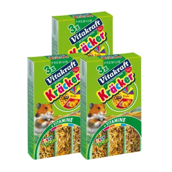 Trois boîtes de Vitakraft Kräcker pour petits animaux, présentant un hamster sur le devant, étiquetées "Premium" et "Funny Fitness."