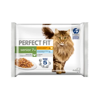 Senior 7+ Truthahn & Fisch in Sauce 4x85 g Verpackung für Katzenfutter mit einer flauschigen braunen getigerten Katze, beschriftet "Perfect Fit senior 7+" mit Bildern von Futter in Sauce und ernährungsphysiologischen Vorteilen.