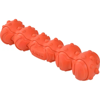 Bright orange rubber dog toy shaped like a bone, featuring textured bumps for grip and play.