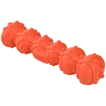 Helles orangefarbenes Gummihundespielzeug in Form eines Knochens, mit strukturierten Erhebungen für besseren Halt und Spiel.