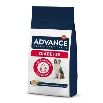 Sac de nourriture pour chiens Advance Veterinary Diets pour le diabète, présentant une image de chien, et un texte indiquant "Aide à réguler la glycémie" et les ingrédients.