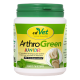 Weißer Behälter mit der Aufschrift "cdVet ArthroGreen JUNIOR" und grünem Deckel, der die Gelenkpflege für Haustiere bewirbt, mit "100% NATUR" und einer Gelenkgrafik.