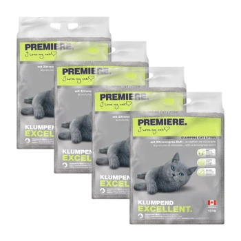 Excellent Zitronengras Klumpstreu 4x12 kg Vier Taschen von PREMIERE klumpender Katzenstreu, mit einer grauen Katze auf der Verpackung, mit Zitronengrasduft und einem Gewicht von 12 kg.