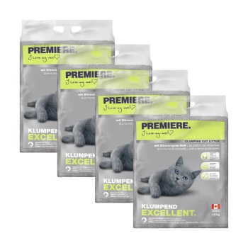 Vier Taschen von PREMIERE klumpender Katzenstreu, mit einer grauen Katze auf der Verpackung, mit Zitronengrasduft und einem Gewicht von 12 kg.