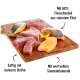 Frische Fischfilets auf einem Holzschneidebrett, mit einer kleinen Schüssel Öl; der Text hebt 60% Fleischgehalt, saftige Brühe und Sonnenblumenöl hervor.