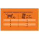 Guide d'alimentation quotidien pour les chats, montrant les portions recommandées en fonction du poids (2-8 kg) avec les quantités correspondantes en grammes.