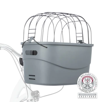 Grauem Haustiertragekorb mit einem Metallgitterrahmen, entworfen für Fahrräder, mit einer Seitenöffnung und einem Siegel für Tierschutzkonformität.