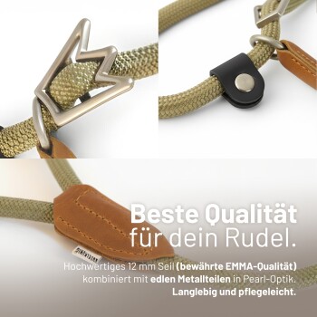 Beige geflochtene 12 mm Hundeleine mit Perlenoptik-Metallbeschlägen und braunen Lederakzenten; Überlagerungstext: 'Beste Qualität für dein Rudel.'