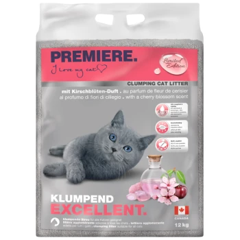 Klumpende Katzenstreu-Tüte mit einer grauen Katze, Kirschblütenduft und Text in mehreren Sprachen. Limitierte Auflage, 12 kg.