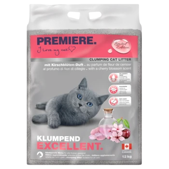Klumpende Katzenstreu-Tüte mit einer grauen Katze, Kirschblütenduft und Text in mehreren Sprachen. Limitierte Auflage, 12 kg.