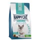 Tüte Happy Cat Care Trockenfutter für Katzen, beschriftet mit "Magen & Darm" (Stomach & Intestines), geeignet für Katzen ab 1 Jahr, glutenfreies Rezept.
