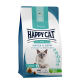 Tüte Happy Cat Care Trockenfutter für Katzen, beschriftet mit "Magen & Darm" (Stomach & Intestines), geeignet für Katzen ab 1 Jahr, glutenfreies Rezept.