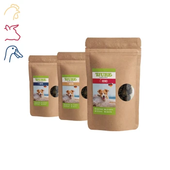 Drei Tüten Hundeleckerlis mit den Aufschriften "EINTE", "HUN" und "RIND" mit Bildern eines Hundes, die natürliche Zutaten und hohen Proteingehalt zeigen.