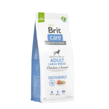 Tüte Brit Care Hundefutter für große Rassen, 12 kg, mit "Digest & Relax"-Formel mit Huhn und Insekten, als nachhaltig gekennzeichnet.