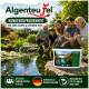 Algenteufel-Teichbehandlungsdose neben einer Familie am Koi-Teich; sichtbarer Text: 'KUNDENZUFRIEDENHEIT' und 'FÜR EINEN KLAREN & GESUNDEN TEICH'.