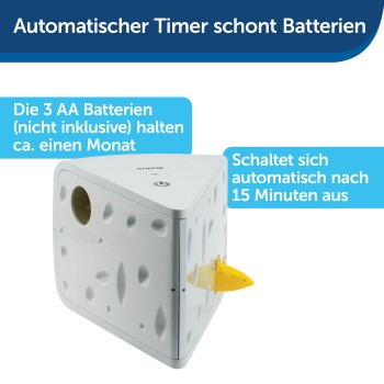 Automatischer Timer für Haustiere in Form eines Käsewürfels, mit einer gelben Maus, die sich nach 15 Minuten automatisch ausschaltet.