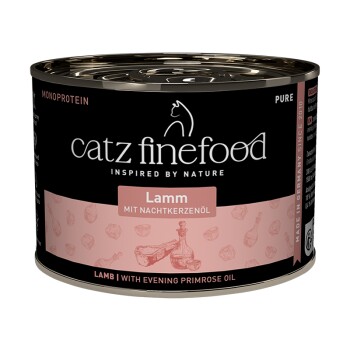 Catz Finefood Katzenfutterdose, Lammgeschmack mit Nachtkerzenöl, schwarzes und pinkes Etikett, hergestellt in Deutschland.