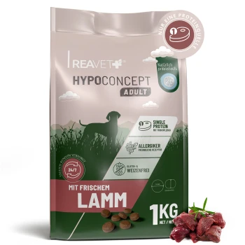 REAVET Hypoconcept Adult Hundefutterbeutel 'Mit frischem Lamm' 1 KG; Kroketten und rohes Lamm abgebildet, gluten- & weizenfrei.