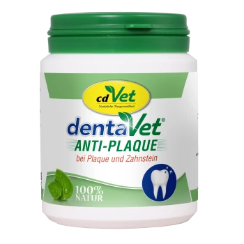Behälter von cdVet dentaVet Anti-Plaque für Haustiere, der die Zahngesundheit fördert, mit einem grünen Deckel und einem Etikett mit 100% natürlichen Inhaltsstoffen.
