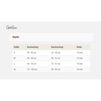 Größentabelle für Haustiergeschirre mit Brustumfang, Bauchumfang und Breite für die Größen S bis XL.