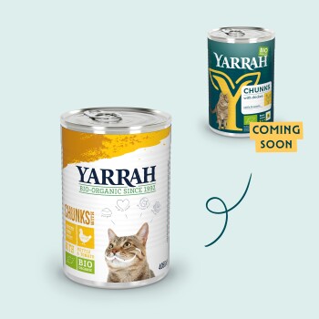 Yarrah bio-organische Katzenfutterdosen mit "Stücke mit Huhn" und "Brennnessel & Tomate," mit einem "Bald erhältlich"-Label.