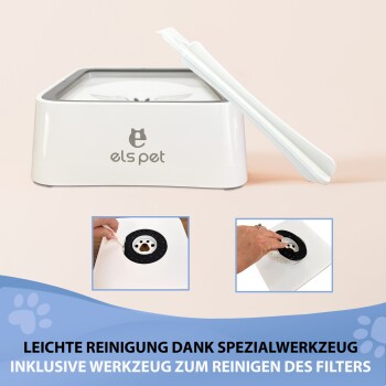 Weicher Haustier-Wasserbrunnen in Weiß mit dem Logo 'els pet', ausgestattet mit einem Reinigungswerkzeug und Anleitungsbildern zur Filterwartung.
