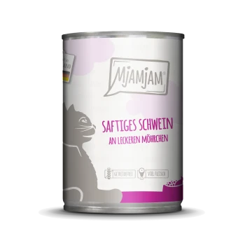 Katzenfutterdose mit einer grauen Katzensilhouette, beschriftet "Mjamjam Saftiges Schwein an leckeren Möhrchen," getreidefrei und fleischreich.