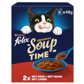 Purina Felix 'Original Soup Time' Katzenfutterpackung, cartoonhafte schwarz-weiße Katze leckt sich die Lippen, Schüssel mit fleischiger Suppe, '6 x 48 g'.