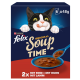 Purina Felix 'Original Soup Time' Katzenfutterpackung, cartoonhafte schwarz-weiße Katze leckt sich die Lippen, Schüssel mit fleischiger Suppe, '6 x 48 g'.